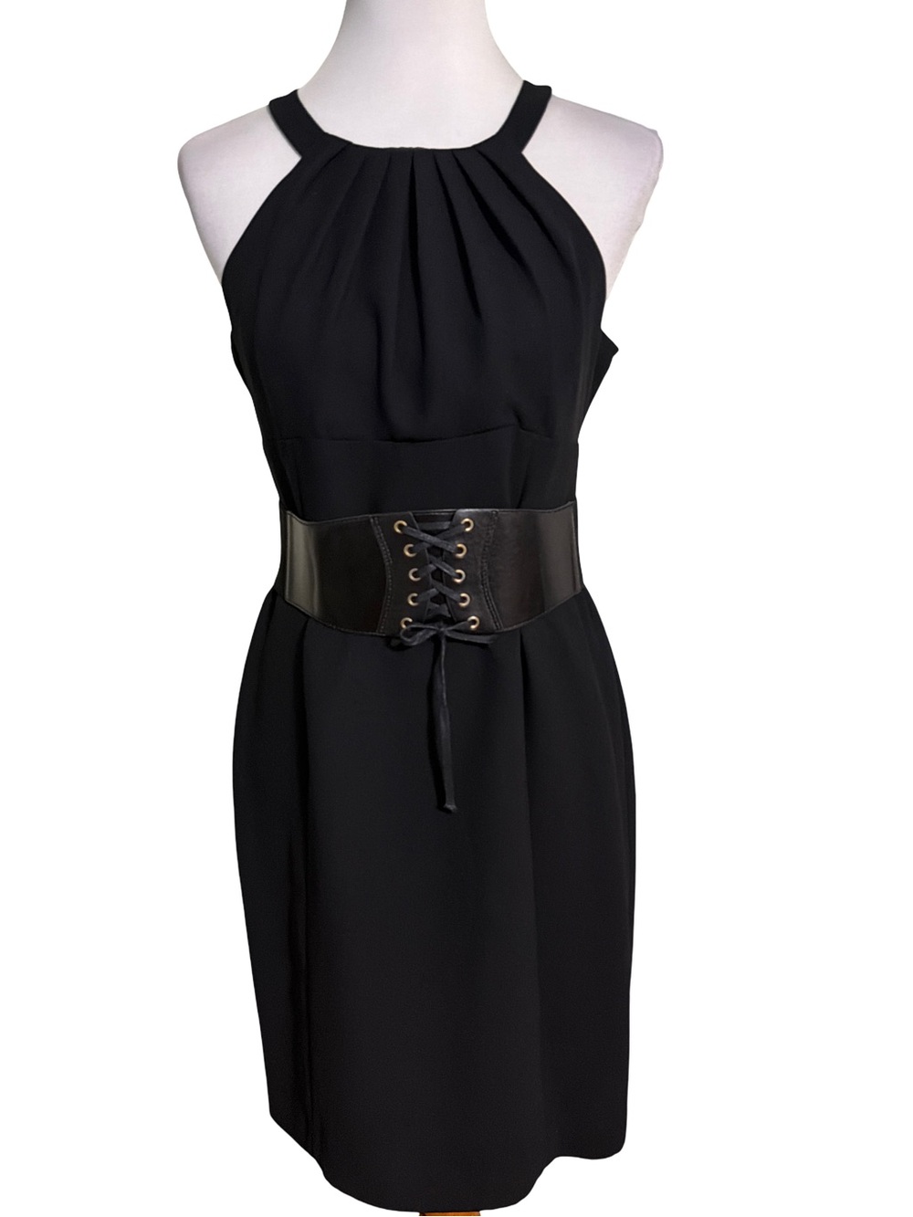 Evan Picone Black Halter Midi Dress with Lace-Up Waist Corset